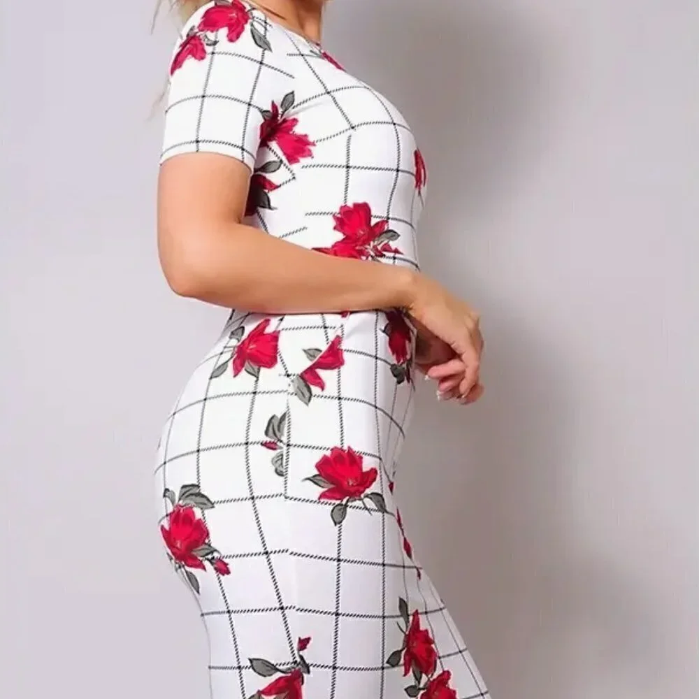 Women’s White and Red Short Sleeve Body Con Floral Midi Dress